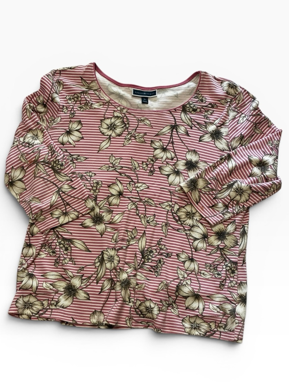 Karen Scott Rose Pink Striped Floral Long Sleeve Tee
